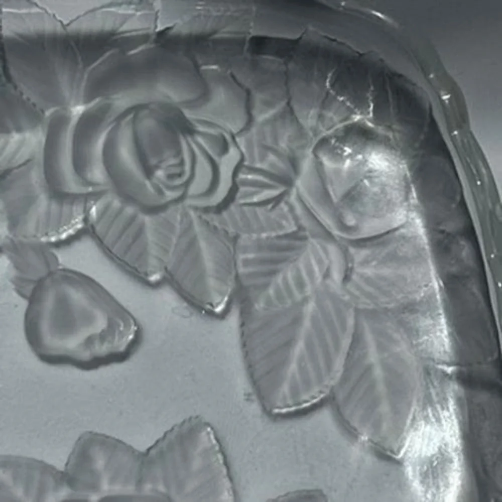 Frosted Rose Glass Serving Tray Scalloped Rectangular Floral Platter 11.5in